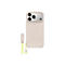Coque iPhone rose clair avec cordons jaunes et écouteurs, sur fond blanc.