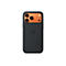 Vue arrière d'un smartphone noir avec une section caméra orange. Le logo Apple est placé au centre.