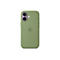 Une coque de téléphone verte avec le logo Apple. La caméra et un flash sont visibles.