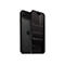 Schwarzes Smartphone von vorne und hinten, mit Apple-Logo und abstraktem Display-Design auf weißem Hintergrund.