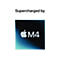 Der M4-Chip von Apple auf schwarzem Hintergrund. Darunter steht: Supercharged by.