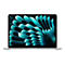 Ein silbernes Macbook, der Bildschirm zeigt ein abstraktes, aquamarinblaues Muster vor weißem Hintergrund.