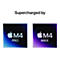 Zwei quadratische Grafiken mit Apple-Logo und Text: M4 PRO, M4 MAX. Der Schriftzug Supercharged by ist oberhalb.