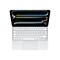 Hellgraues Macbook-Tastatur-Cover mit weissen Tasten, eingebettetem Trackpad und geöffnetem Display mit abstraktem, farbenfrohem Hintergrund.