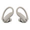 Deux écouteurs sans fil gris avec des crochets d'oreille. Un logo "b" noir est visible sur chaque écouteur.