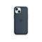 Dunkelblaues Apple Silikon-Case für iPhone 15, Rückseite mit Kamera-Aussparung und Apple-Logo.