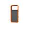 Coque de téléphone orange vif, vue arrière. Intérieur gris, gaufrage rond, entouré d'un cadre orange.