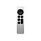 Silberne Apple TV Fernbedienung mit schwarzem Clickpad und Bedienknöpfen vor weißem Hintergrund.
