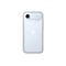 Hellblaues Smartphone von hinten, mit Kamera und Apple-Logo, umrandet von einem hellgrauen Case.