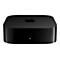 Schwarzer, quadratischer Apple TV mit abgerundeten Ecken und weißer Status-LED auf weißem Hintergrund.