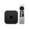 Schwarze Apple TV Box mit dazugehöriger silberner Siri Remote vor weißem Hintergrund.