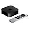 Apple TV-GerÃ¤t und Fernbedienung auf weiÃŸem Hintergrund. Das schwarze GerÃ¤t hat ein Apple-Logo. Die silberne Fernbedienung hat verschiedene KnÃ¶pfe.