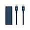 Deux câbles USB-C bleus. À gauche, un câble enroulé, à droite, deux câbles avec des connecteurs portant le logo "b".