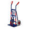 Blue and red hand truck with two wheels and red handles.