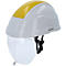 Weißer Schutzhelm mit gelber Spitze und transparentem Visier.