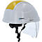 Weißer Schutzhelm mit gelber Oberseite und transparentem Visier. Aufdruck 'eShark'.