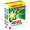 Boîte blanche de détergent Ariel. Le haut indique "90 lavages" et "Pour une courte durée seulement !". "Dissolution rapide" en lettres rouges en dessous. Fond vert et blanc.