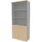 Tall gray cabinet with glass front and light wood doors. Top shelf, 3 shelves, bottom two doors with handles.
