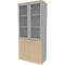 Cabinet with two glass-paneled doors at the top and wooden doors at the bottom, light wood and light gray.