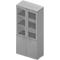 Gray office cabinet with glass fronts, divided into doors and shelves.