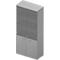 Gray office cabinet with glass front and two doors below.