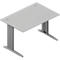 Gray office desk, rectangular tabletop, two legs with base plate and vertical struts.
