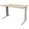 Light brown desk with gray legs. Rectangular table top, legs column-like and slightly angled.