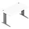 White desk with gray legs, in diagonal view. Two silver screws at the top.