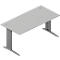 A gray desk with two rectangular legs. The table has two round holes on the surface.