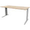 Wooden desk with silver legs. Rectangular tabletop. The legs are slightly curved at the ends.