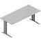 Grey, rectangular metal desk, with two vertical column legs.