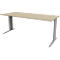 A rectangular, light wooden desk with two gray, T-shaped legs.