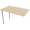 A light wooden table with metal legs, slightly tilted. The table top has a light wood grain.