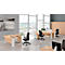 Office with desks, chairs, computers, and large windows overlooking the city.