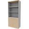 Gray bookcase with open shelves and doors, light brown accents.