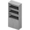 Gray bookshelf with open shelves on top and two doors at the bottom.