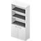 White bookcase with three shelves and two cabinet doors.