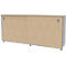 Cabinet with sliding doors, wood look, silver handles and feet.