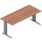 A rectangular desk with a wood look on silver metal legs. Two round cable outlets in the tabletop.