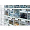 Armario de almacenamiento, capacidad 333 l, 43 cubos plegables extraíbles con asa empotrada, ancho 665 x fondo 250 x alto 2000 mm, gris claro/transparente