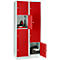 Armario de casilleros para objetos de valor 400 mm, 2 compartimentos, 8 compartimentos, cerradura de cilindro de seguridad, zócalo, rojo vivo