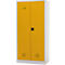 Armario de acero amarillo con dos puertas, símbolo de advertencia, manija negra. Marco blanco, aberturas de ventilación.