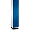 Armoire à quatre portes bleues, cadre blanc, base noire et poignées argentées.