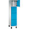 Armoire bleue et blanche avec quatre compartiments, la porte du compartiment supérieur est ouverte.