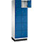 Un casier avec huit portes bleues, une porte est ouverte. Poignées et charnières grises.