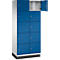 Armoire bleue et blanche à plusieurs compartiments, une porte ouverte.