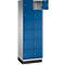 Armoire bleue à plusieurs compartiments, dont un ouvert.