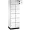 Armoire blanche avec plusieurs compartiments. Une porte est ouverte.