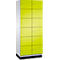 Armoire avec 10 portes jaunes, poignées grises et base noire, sur fond blanc.