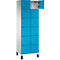 Armoire avec portes bleu-turquoise. Une porte est ouverte. Corps gris, pieds noirs.